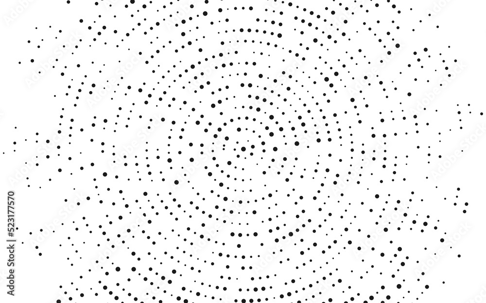 Halftone vector abstract background of circular dots. Texture of particles. Random maze, puzzle. Chaotic ornament. Circular pattern of point. Design of banner, poster website, frames social networks.