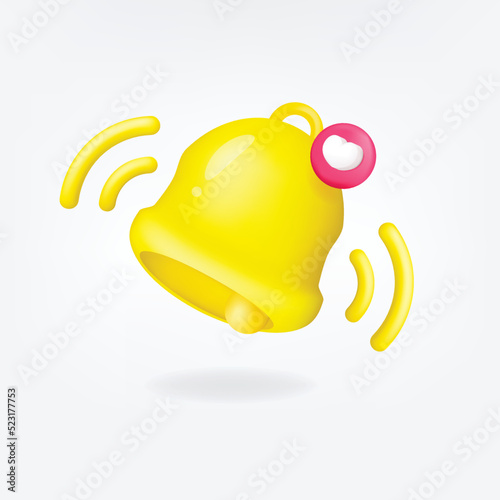 3D vector yellow bell alert symbol social media. Pink heart symbol notification icon isolated. 3D vector design. 3D rendering.