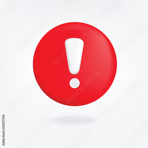Red exclamation mark symbol and attention or caution sign icon on alert danger problem. 3D vector design. 3D rendering.