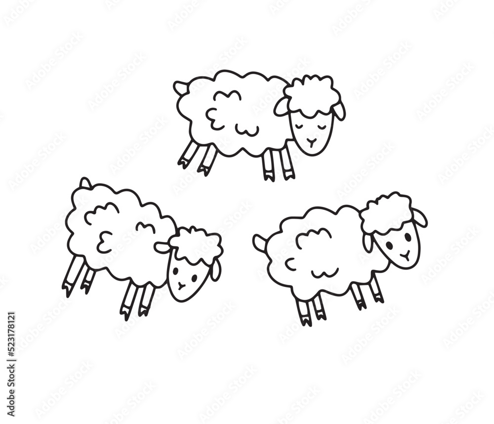 Fototapeta premium Sheep Doodle outline simple cartoon drawing style. Cute sheep kids illustration