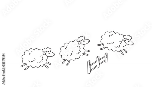Sheep jump over the fence. Doodle outline simple style. Horizontal drawing night sleeping theme