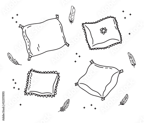  Pillows feathers Bed dress Doodle outline simple style. Line Pillow drawing night sleeping theme