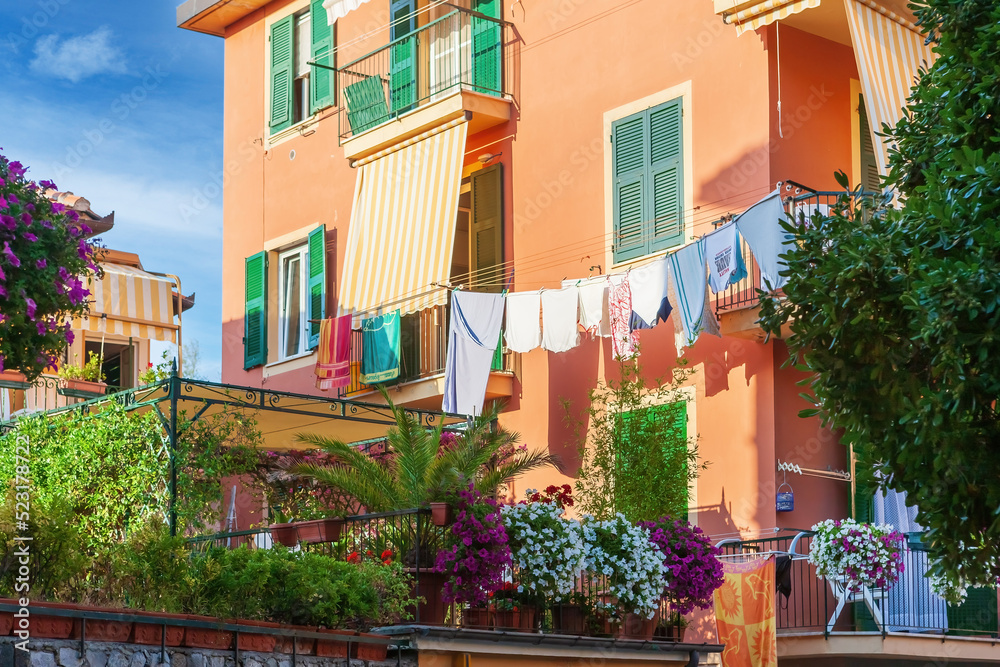 The historic center of Levanto with its colorful houses. Italy, Liguria, province of La Spezia