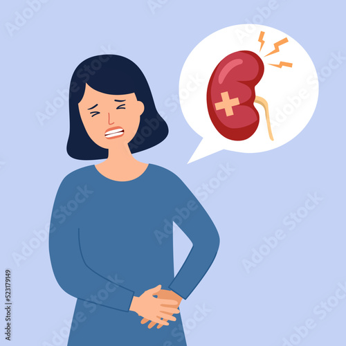 Woman suffering from chronic kidney disease in flat design.