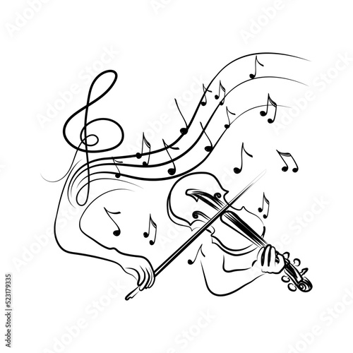 Concept of inspired violin playing, hand-drawn doodle. Melody. Classical. Flying notes. Music. Inspiration. Ecstasy. Talent. Isolated vector illustration on white background.