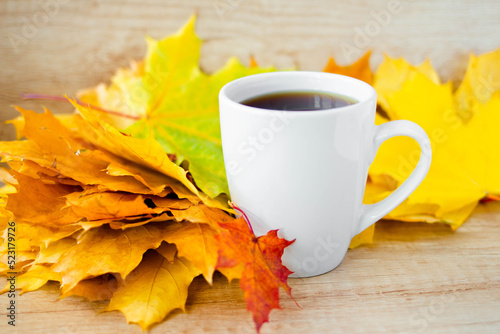 White cup of tea and autumn maple leaves on wooden background. The concept of calm, relaxation and autumn. Autumn background