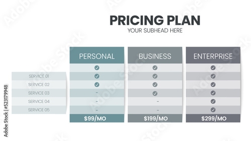 Modern creative pricing subscription plan table template with minimal line icon style. UI UX interface design elements. Infographic design element with option plans for website or presentation vector.