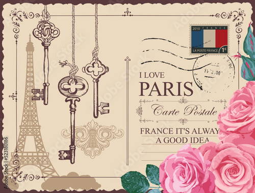 Retro postcard with Eiffel tower in Paris, France. Vector postcard in vintage style with beautiful pink roses, ornate old keys, keyhole, postmark and words I love Paris on an old paper background