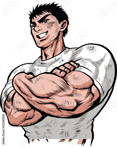 腕組みする筋肉質な肉体労働者のイラスト
