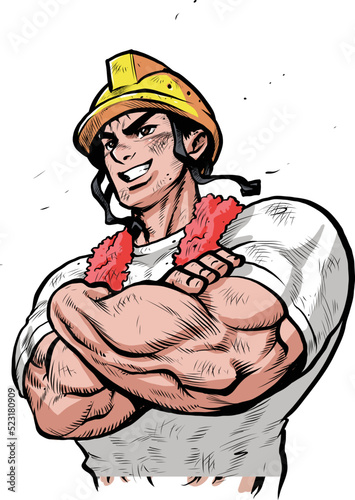 腕組みする筋肉質な肉体労働者のイラスト