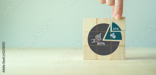 80-20 rule, Pareto principle concept. 80% of outcomes (or outputs) result from 20%. Determining how to best allocate time, money, resources and prioritize activities for enhanching productivity. photo