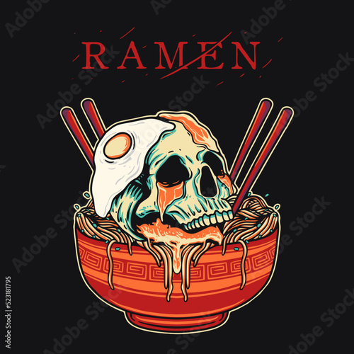 Skull Spicy Ramen Retro Vector Illustration