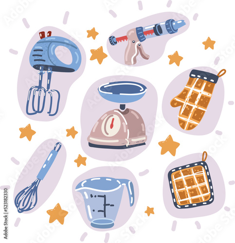 Vector illuatration of Kitchen pastry tools set. Baking tools whisk for whipping, pastry syringe, oven mitt, mixer, measuring cup, kitchen scales