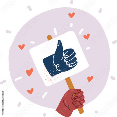 Vector illustration of hand holding blank paper showing thumb up. Like gesture, poster, recommending. Advertising, announcement concept for banner, website design or landing web page