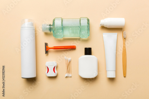 Mockup for bathing products top view flat lay, spa razor, toothpaste, soap, gel and other various accessories. Cosmetics for skin health. Bath Mockup for your logo