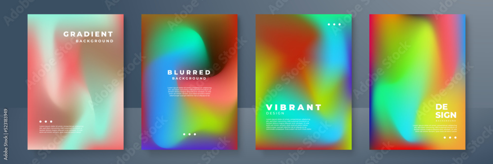 Blurred backgrounds set with modern abstract blurred color gradient patterns on white. Smooth templates collection for brochures, posters, banners, flyers and cards. Vector illustration.