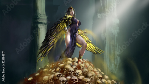 A beautiful harpy stands on a mountain of skulls, she has gilded wings and armor, her body is covered with a blue dress, she herself uses magic. Digital drawing style, 2D illustration