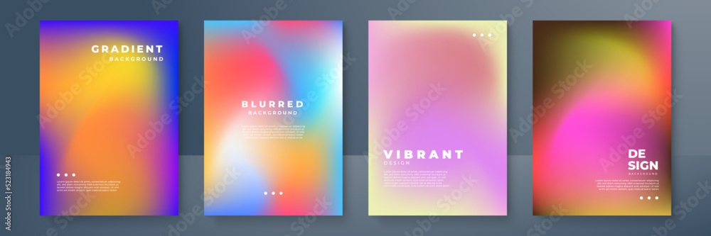 Blurred backgrounds set with modern abstract blurred color gradient patterns. Smooth templates collection for brochures, posters, banners, flyers and cards. Vector illustration.