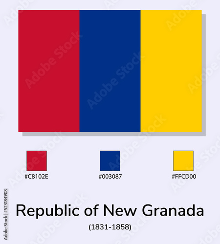 Free Download Vector Illustration of Republic of New Granada (1831-1858) flag isolated on light blue background. Illustration Republic of New Granada flag with Color Codes. As close as possible to the original. - GFXLoad