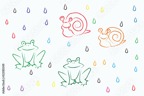 にこにこのカエルとカタツムリのイラスト(カラフル)