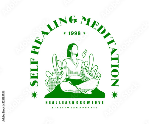 Vintage illustration of self healing meditation t shirt design, vector graphic, typographic poster or tshirts street wear and Urban style