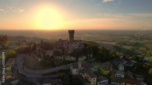 Aerial view of Cigognola Castle - vineyards and countryside in background, Oltrepo Pavese, Pavia, Lombardy, Italy 1 photo