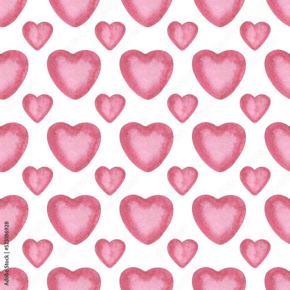 Seamless pattern with pink hearts on a white background. Watercolor vintage background for Valentine's day.