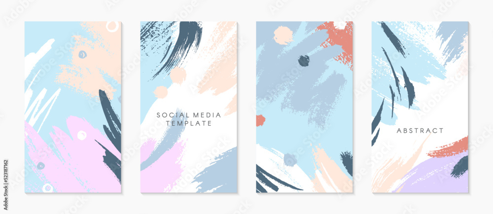 Set of editable insta story templates with copy space for text.Ig smm vector layouts with hand drawn brush strokes and textures.Trendy design for social media marketing,digital post,prints,banners.