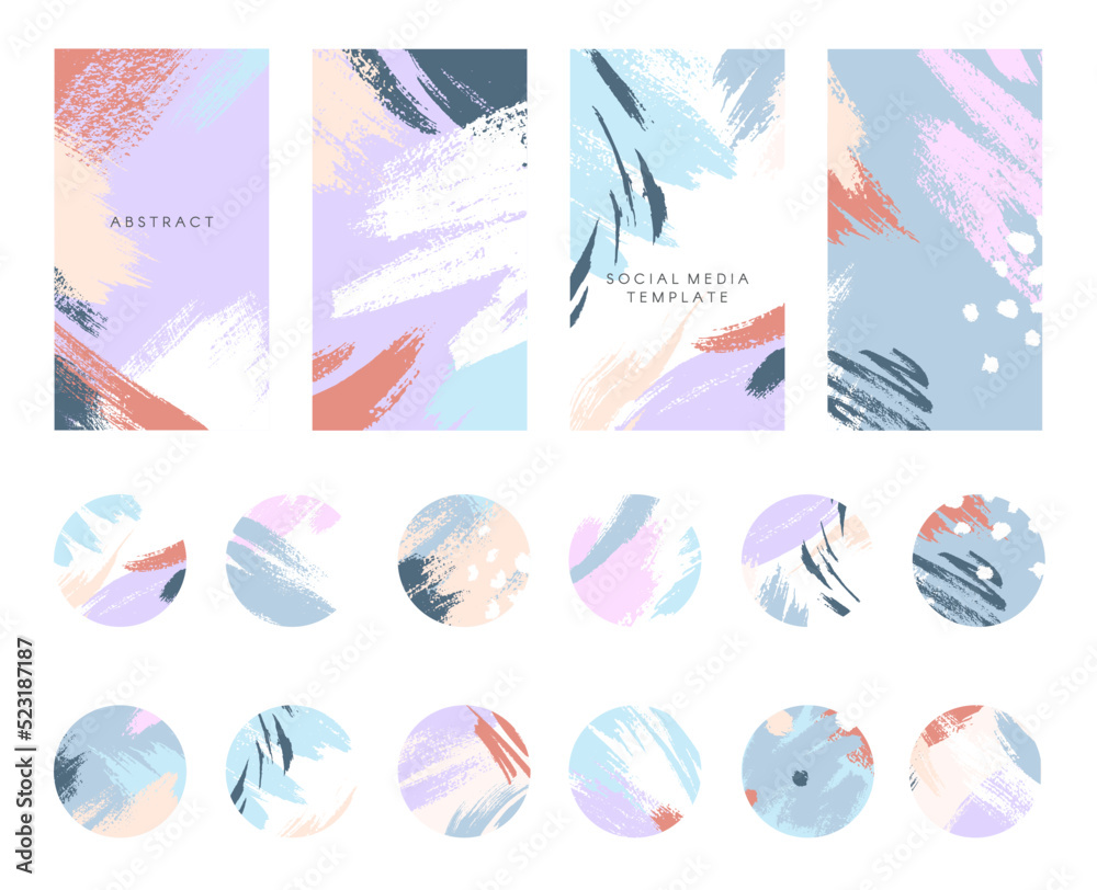Bundle of editable artistic insta story templates and highlights covers.Vector layouts with brush strokes and textures.Abstract IG backgrounds.Trendy design for social media marketing.Social media kit