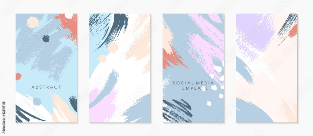 Set of editable insta story templates with copy space for text.Ig smm vector layouts with hand drawn brush strokes and textures.Trendy design for social media marketing,digital post,prints,banners.