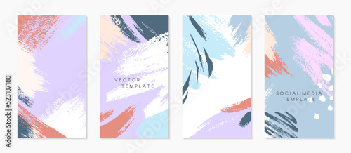 Set of editable insta story templates with copy space for text.Ig smm vector layouts with hand drawn brush strokes and textures.Trendy design for social media marketing,digital post,prints,banners.