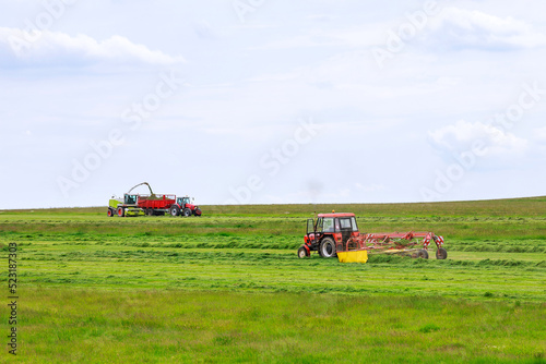 A red tractor rakes the grass and another pours silage into the trailer. Agricultural machinery works on a large field. Grass silage for feeding animals on the farm.