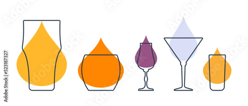 Set glasses with beer, whiskey, liquor, vermouth and rum. Shot glass drinks. Template alcohol beverage for restaurant, bar. Symbol party. Different drinks. Isolated flat illustration on white backdrop