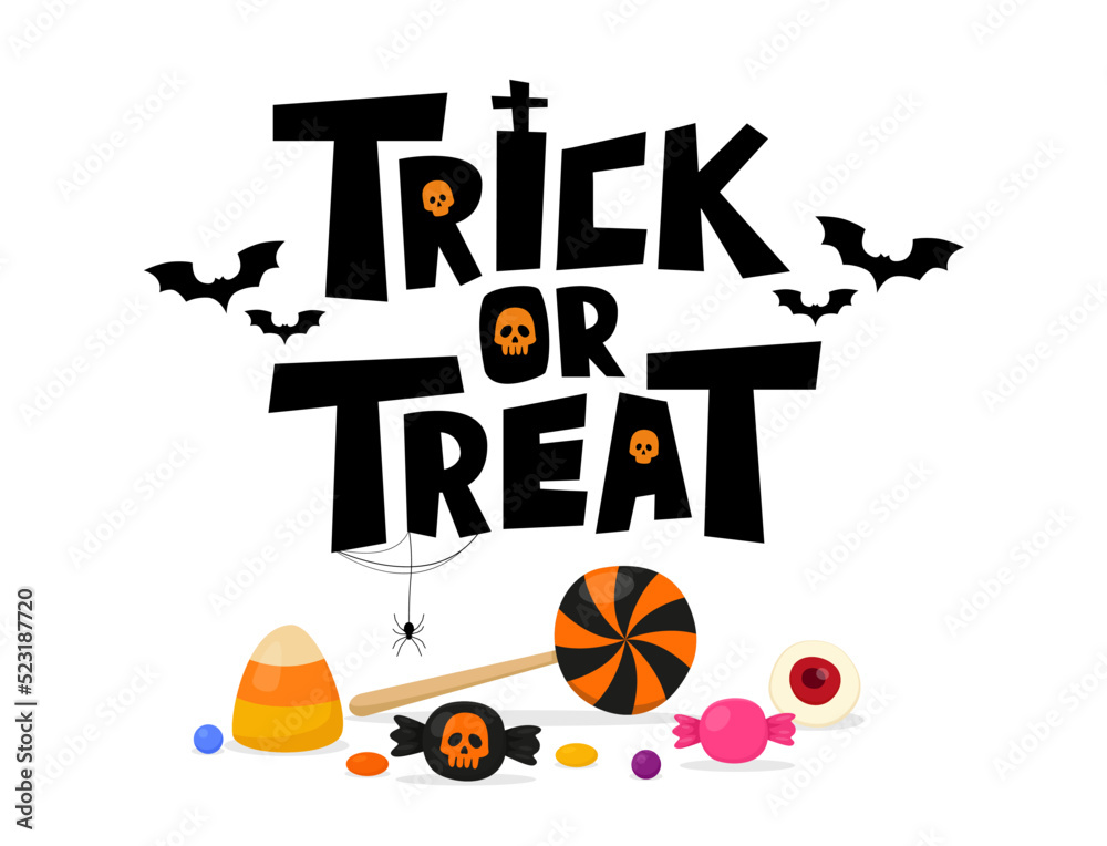 Trick or Treat vector text with sweets. Halloween illustration isolated