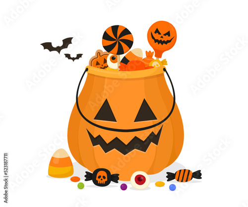 Halloween candies in pumpkin. Trick or treat halloween pumpkin basket with sweets and candy. Vector illustration isolated on white background.