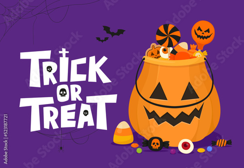 Trick or treat. Halloween candies in pumpkin basket. Vector illustration.