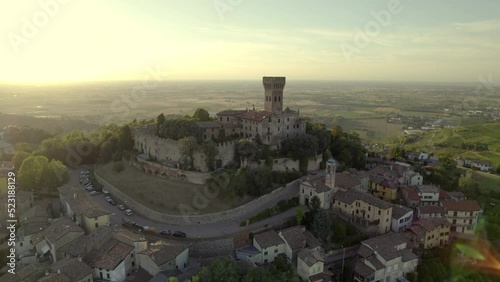 Aerial view of Cigognola Castle - vineyards and countryside in background, Oltrepo Pavese, Pavia, Lombardy, Italy photo