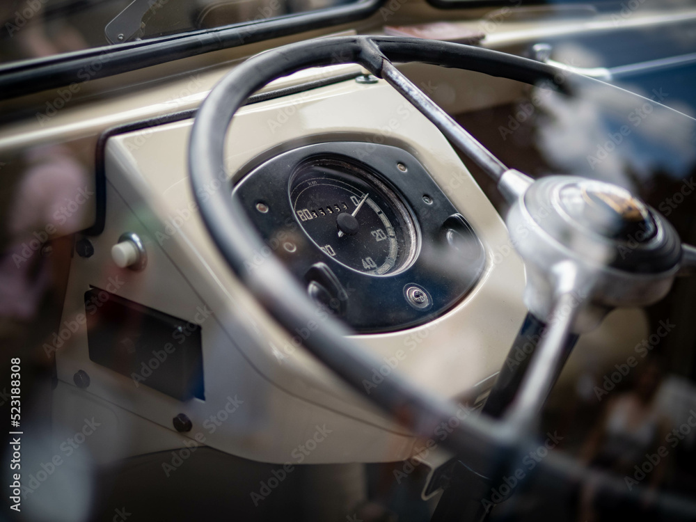 Dashboard and steering wheel of old-timer car Dashboard and steering wheel of old-timer car