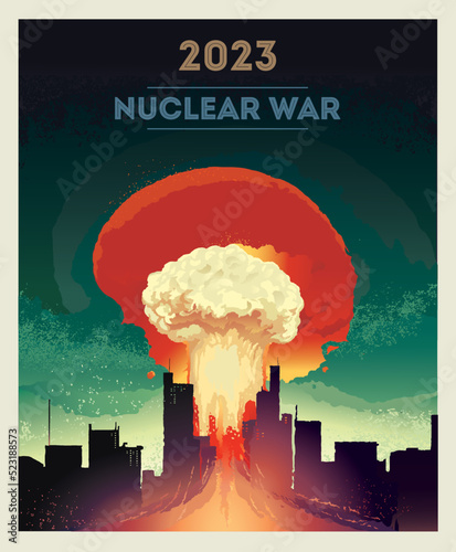 Nuclear explosion in the city, symbolizing the global crisis between countries. Vector illustration.