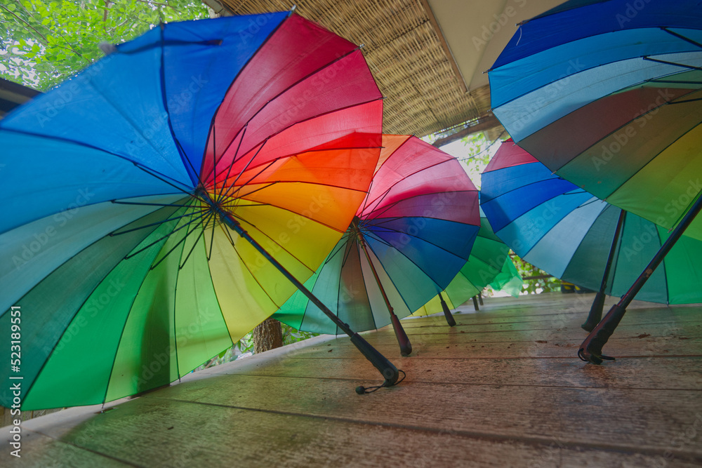 Colorful rainbow umbrella group on wooden floor in a house