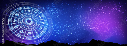 Zodiac circle on the background of a space. Astrology. web banner. copy space