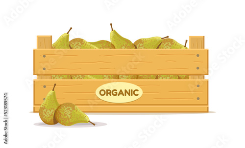 Wooden box with green pears. Fruit box icon. Vector illustration isolated on white background.