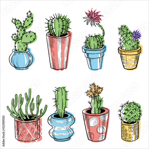 Set of cactus in flowerpots. Outline hand drawn sketch isolated on white