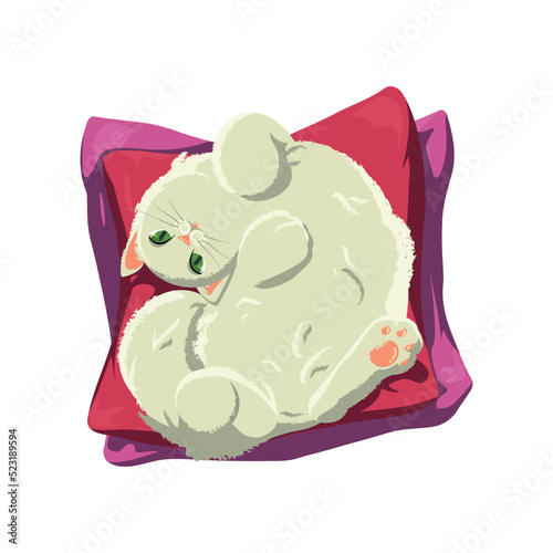 Cute vector illustration of a cat lying belly up on pillows, viewed from above. Cartoon style. Perfect for children's products, nursery decor, kids' books, stickers, posters, and cozy-themed designs.