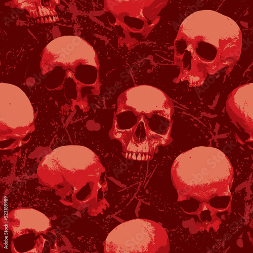 Seamless pattern with sinister red skulls looking out of the dark. Vector background with human skulls and blood drips in grunge style. Graphic print for wallpaper, wrapping paper, fabric, clothing