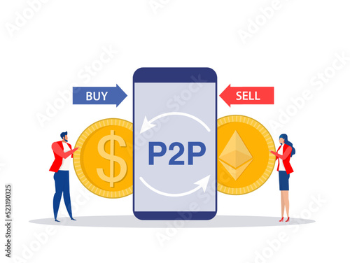 P2P or Peer to peer payments. Two Business interacting with each other. Cryptocurrency virtual transaction. Vector illustration. photo