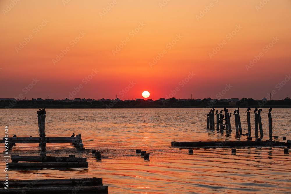 Fototapeta premium Beautiful red and orange sunset over the sea. The sun goes down over the sea. A flock of cormorants sits on a old sea pier in orange sunset light