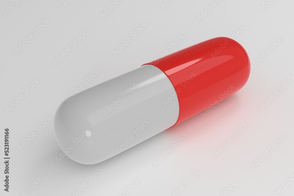 tablet on a light blue surface, multi-colored white-red glossy pill lying on the table, medical background, 3D rendering tablet on a light blue surface, multi-colored white-red glossy pill lying on the table, medical background, 3D rendering