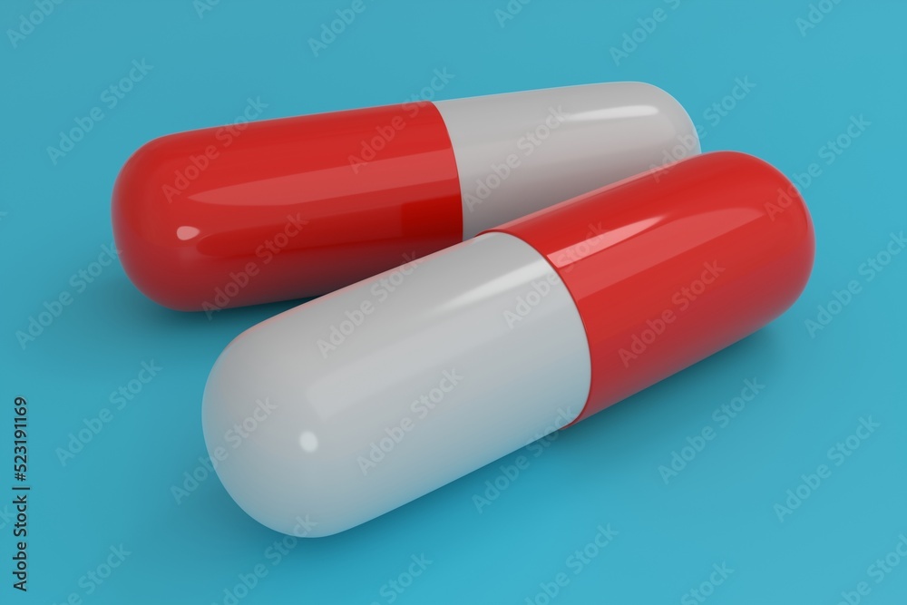 tablet on a light blue surface, multi-colored white-red glossy pill lying on the table, medical background, 3D rendering tablet on a light blue surface, multi-colored white-red glossy pill lying on the table, medical background, 3D rendering