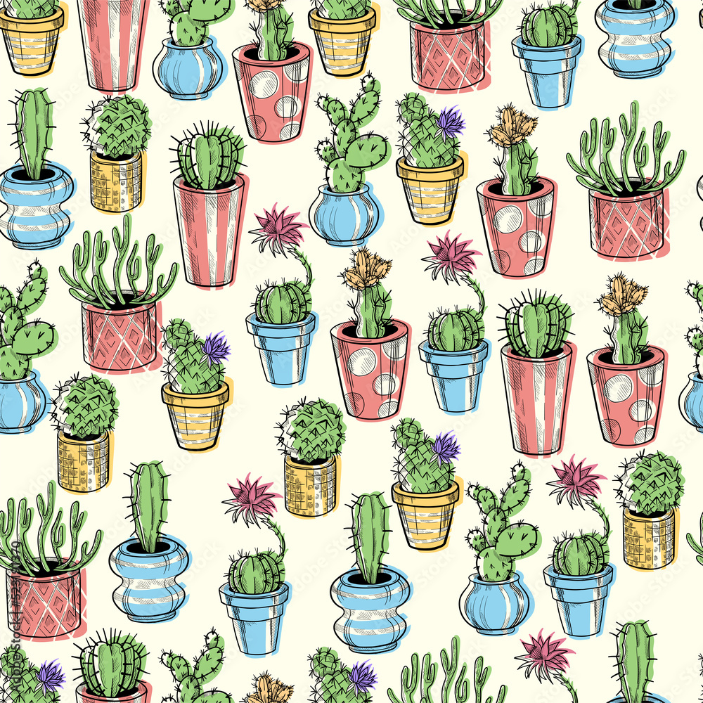 Cactus seamless pattern. Hand drawn cactus lineart. Home plants succulents black and white pattern. Cactus seamless pattern. Hand drawn cactus lineart. Home plants succulents black and white pattern.